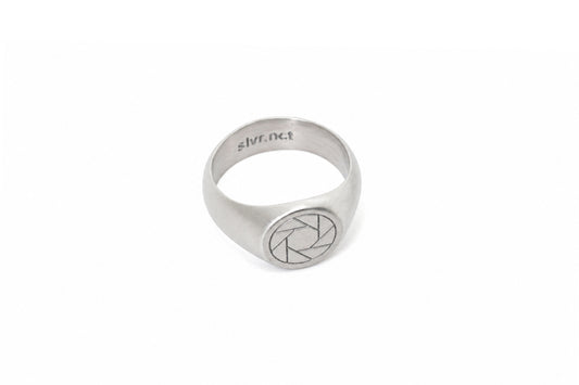 Silver Noct Aperture F11 matte stainless steel signet ring for photographers, camera aperture engraving