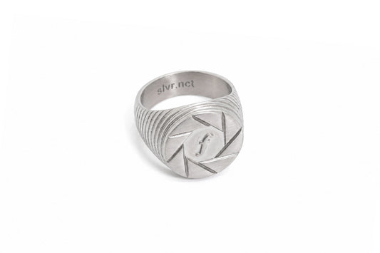 Silver Noct Aperture F8 matte stainless steel signet ring for photographers, camera aperture engraving
